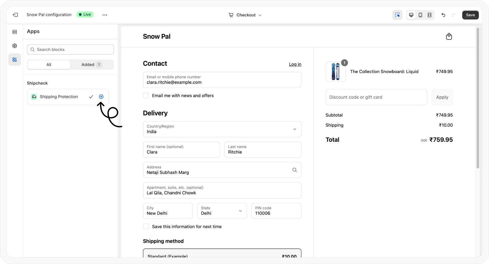 Click Plus icon to add Shipping Protection widget