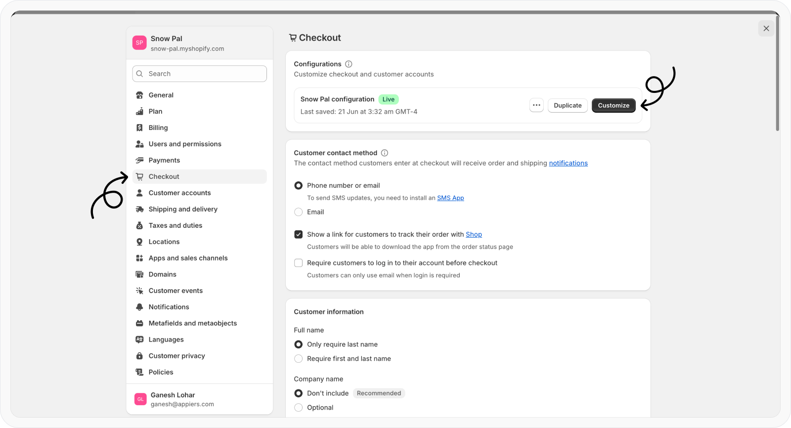 Click Customize to edit Checkout page