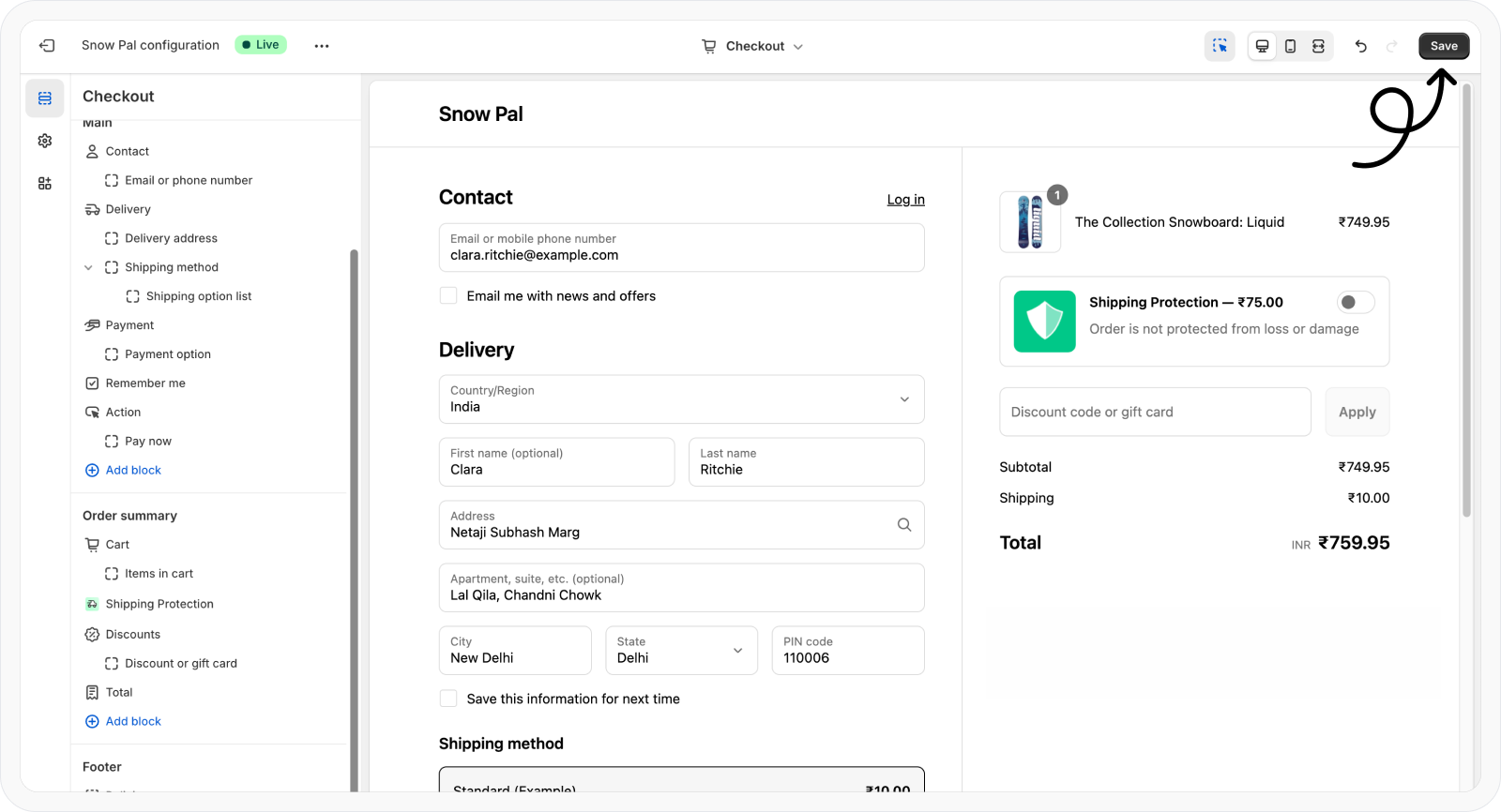 Click Save to confirm changes in checkout