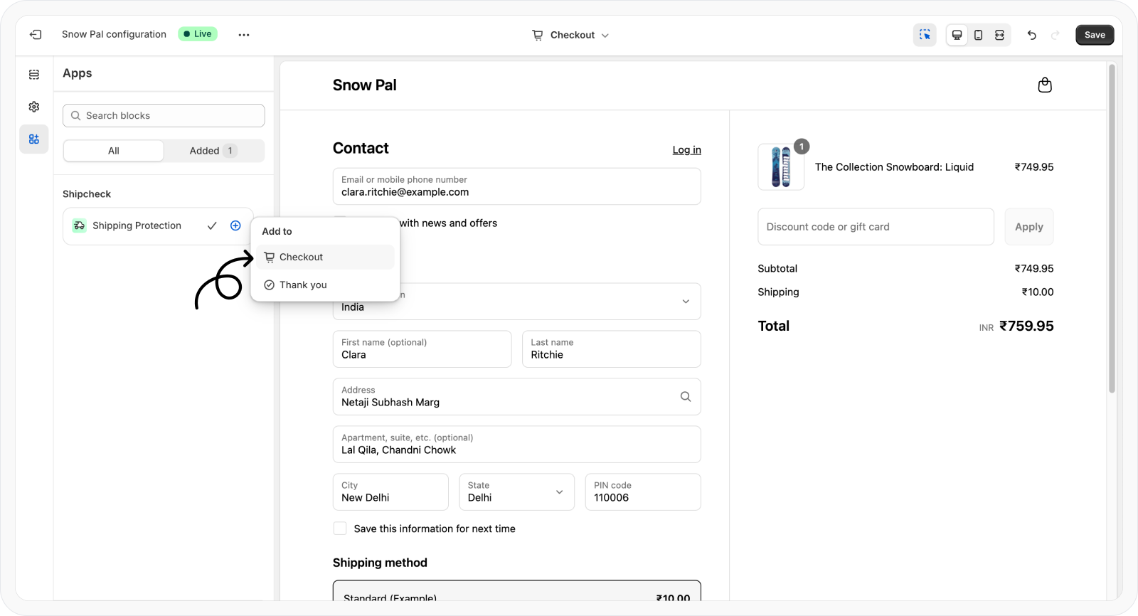 Select Checkout block to insert the widget