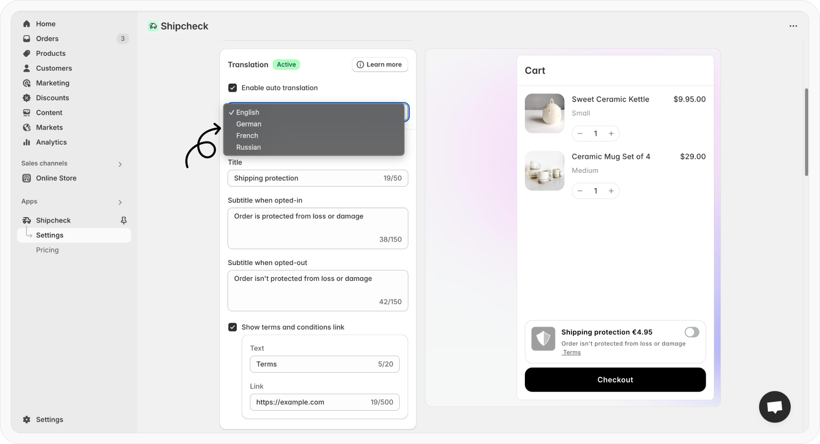 Select translation language in cart widget