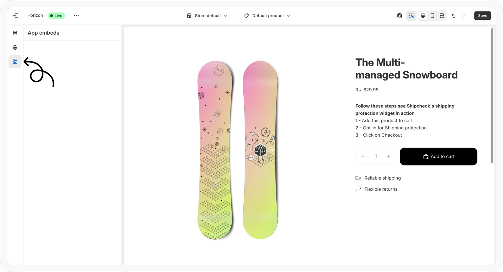 Access app embeds from theme customizer