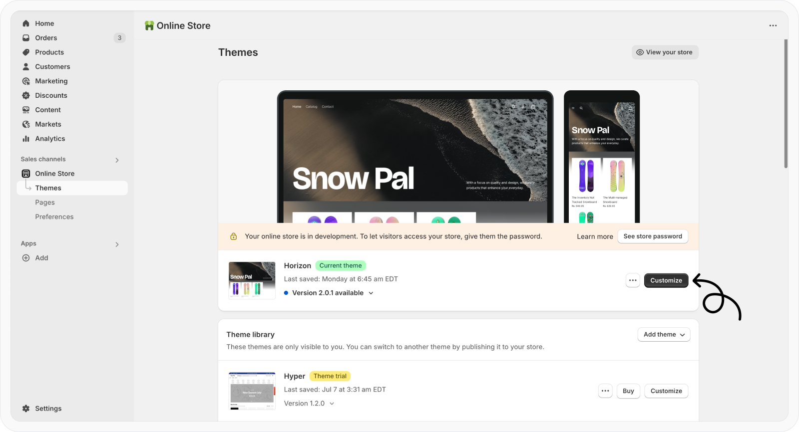 Open theme customization in Shopify