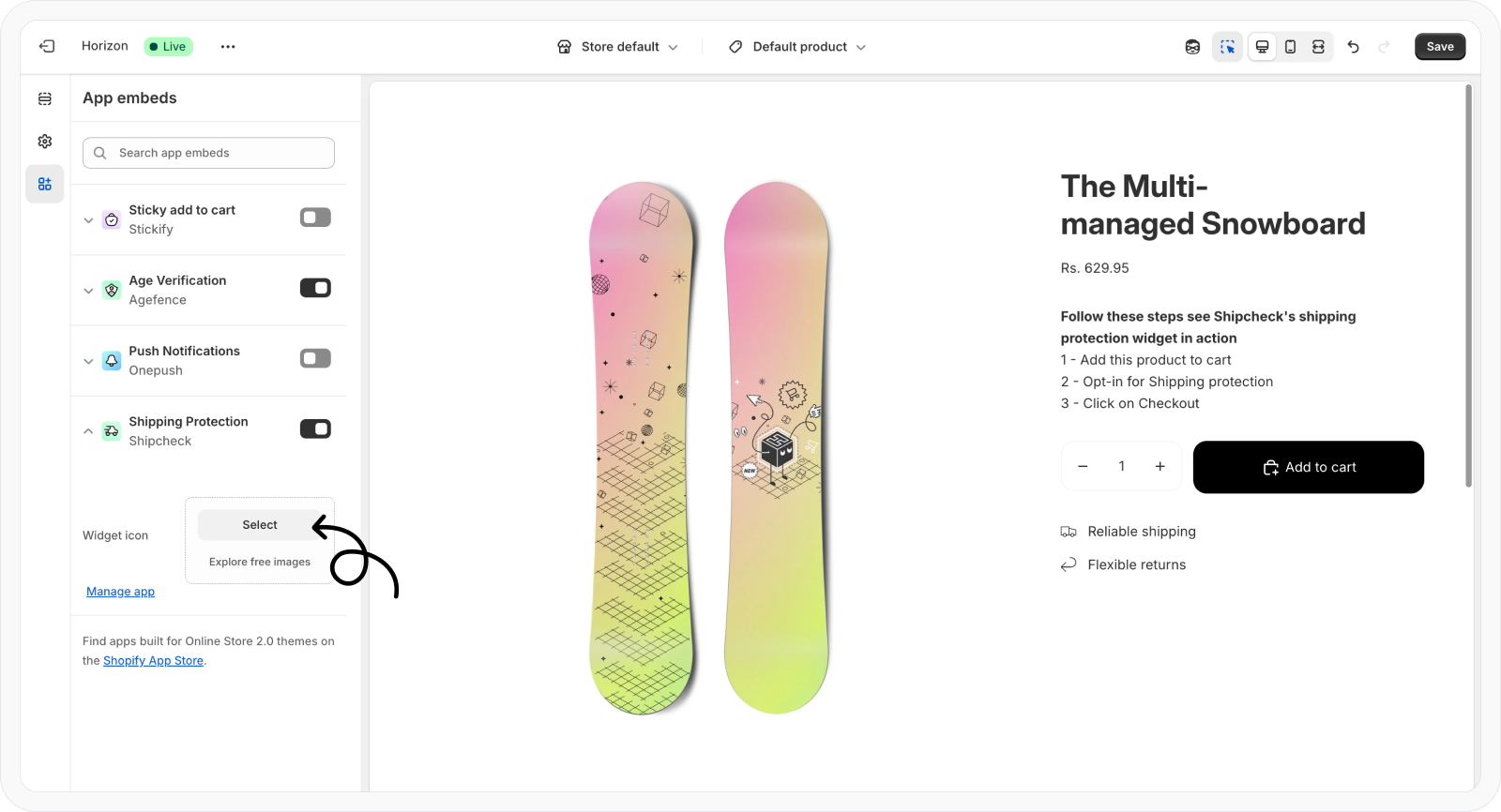 Select a custom icon for Shipcheck widget