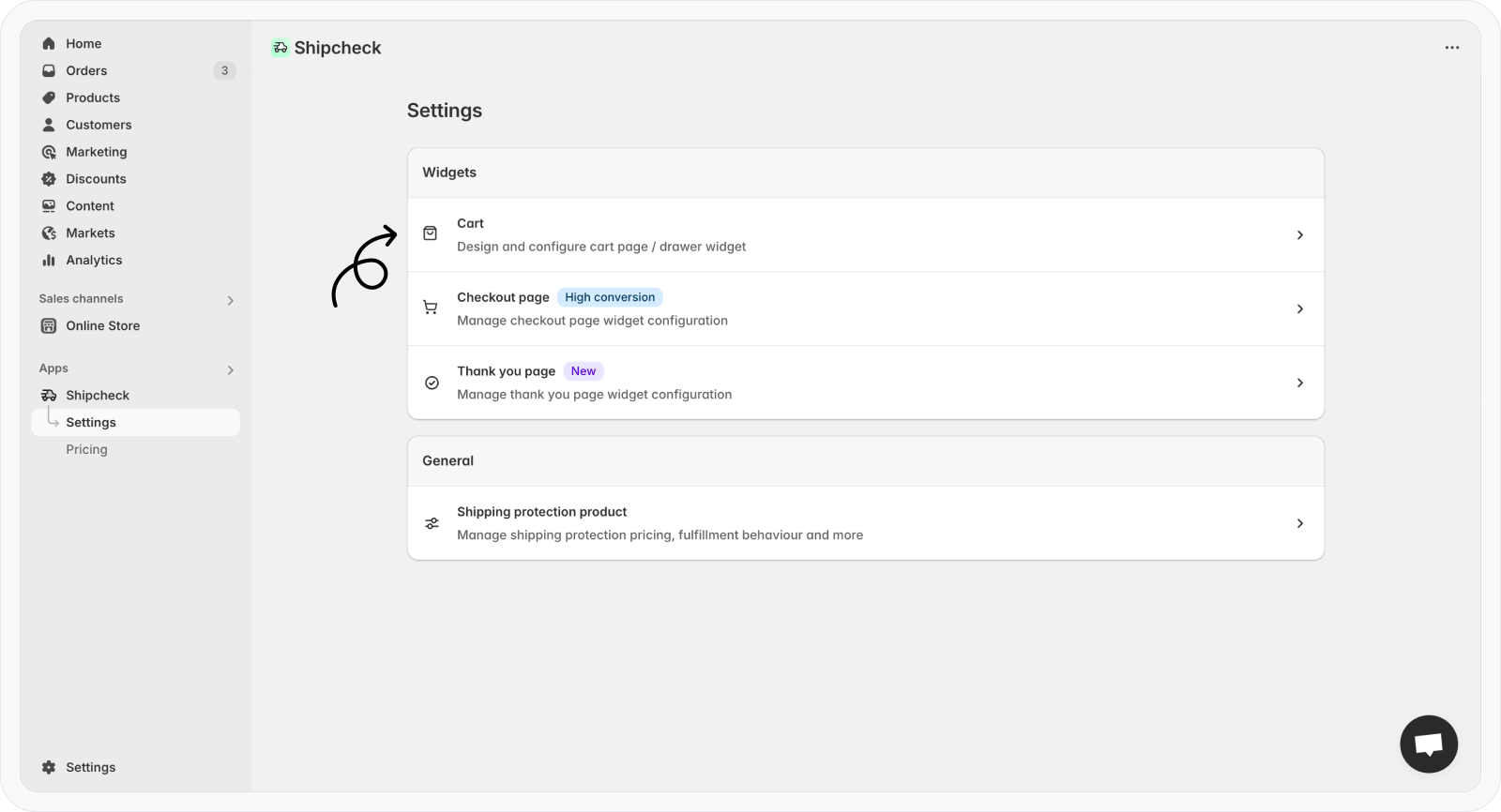 Navigate to cart settings to customize widget