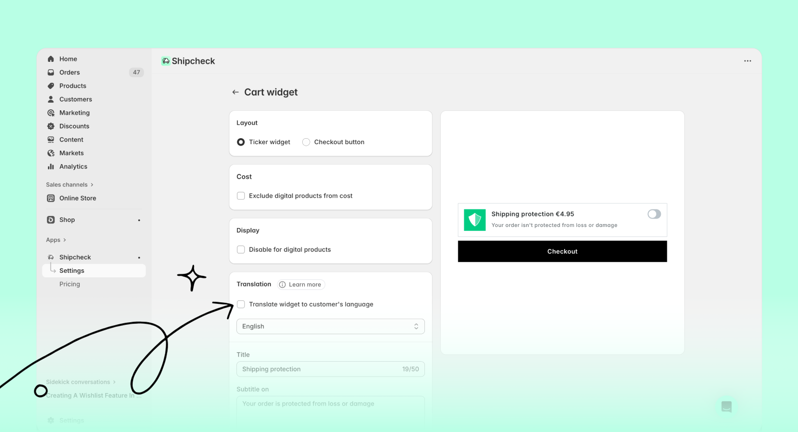 Enable automatic translation in widget settings