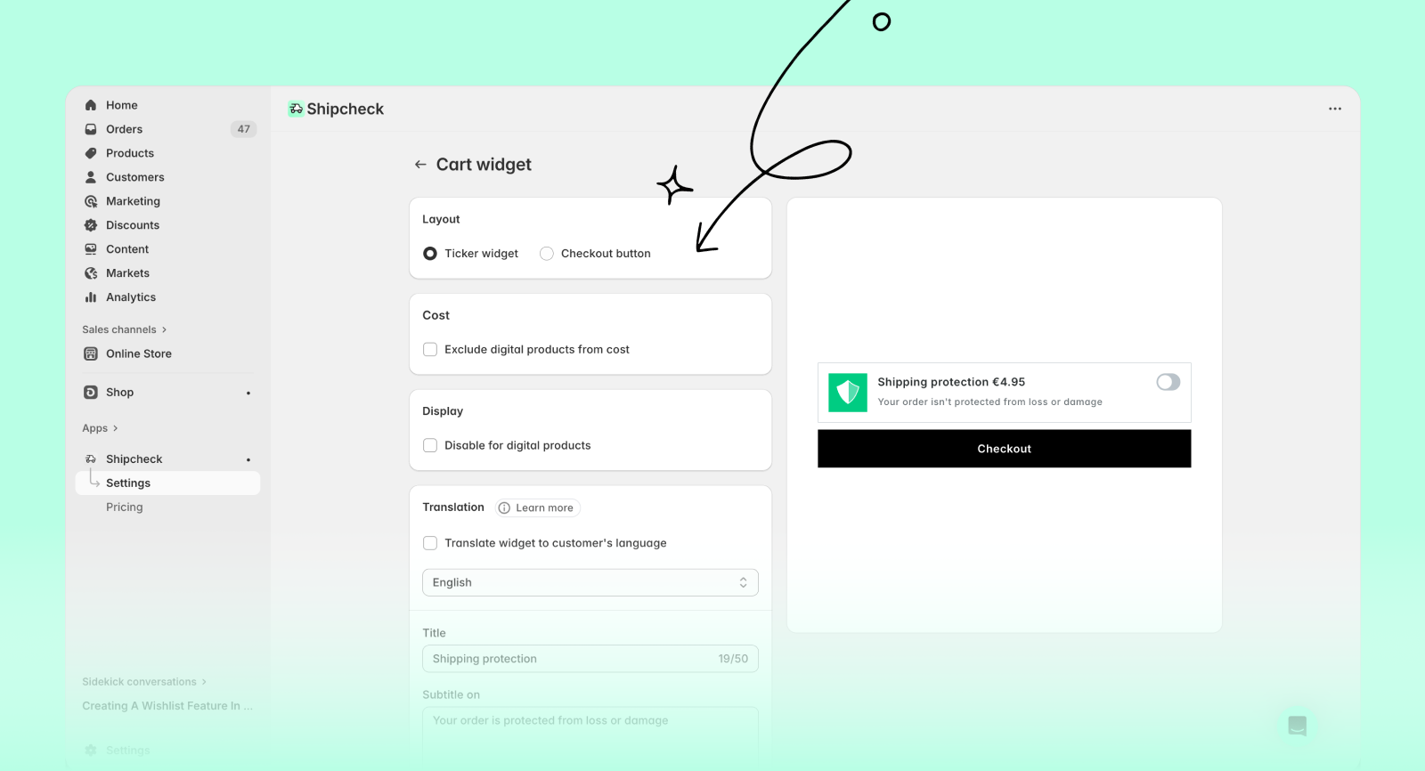 Cart layout configuration section in Shipcheck