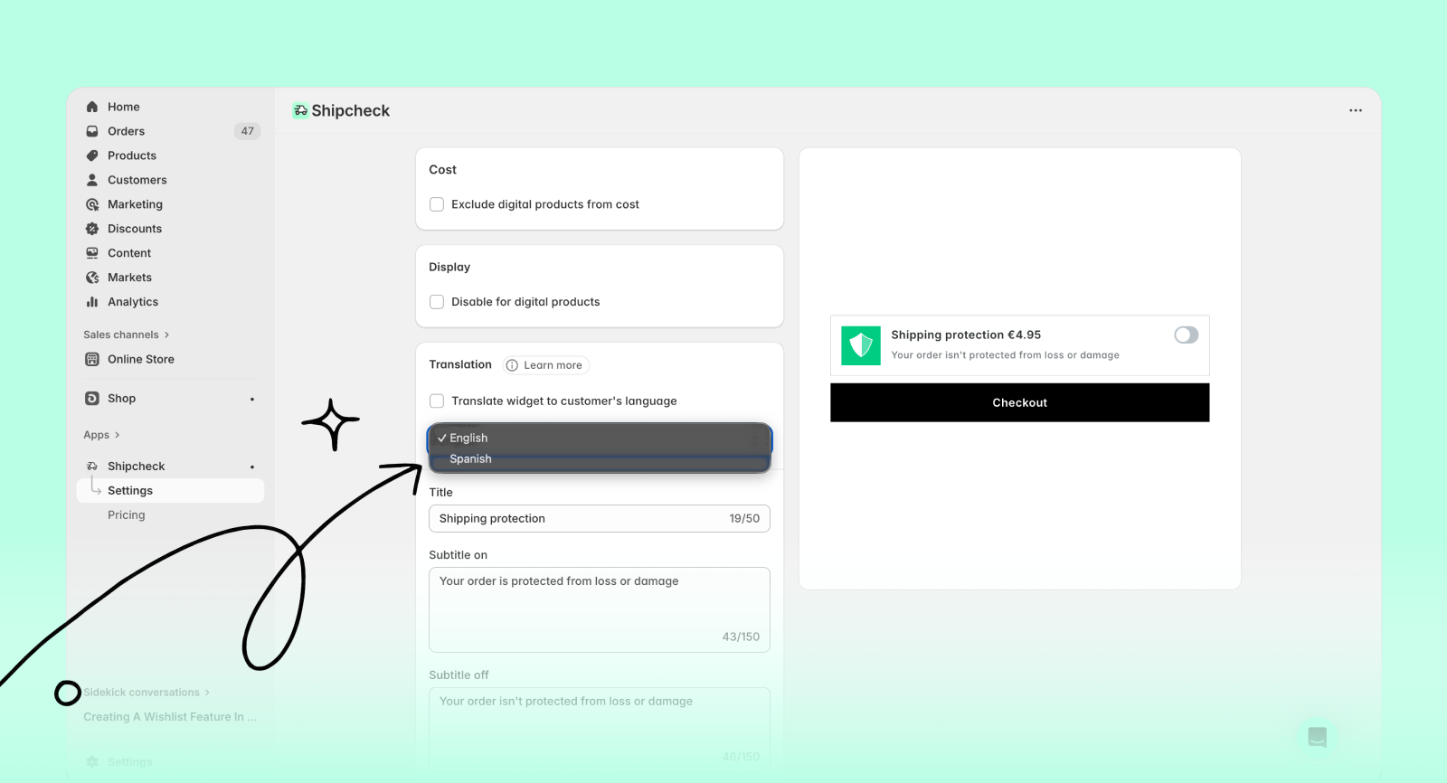 Select translation language in cart widget