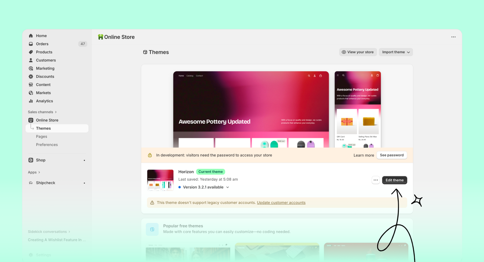 Open theme customization in Shopify