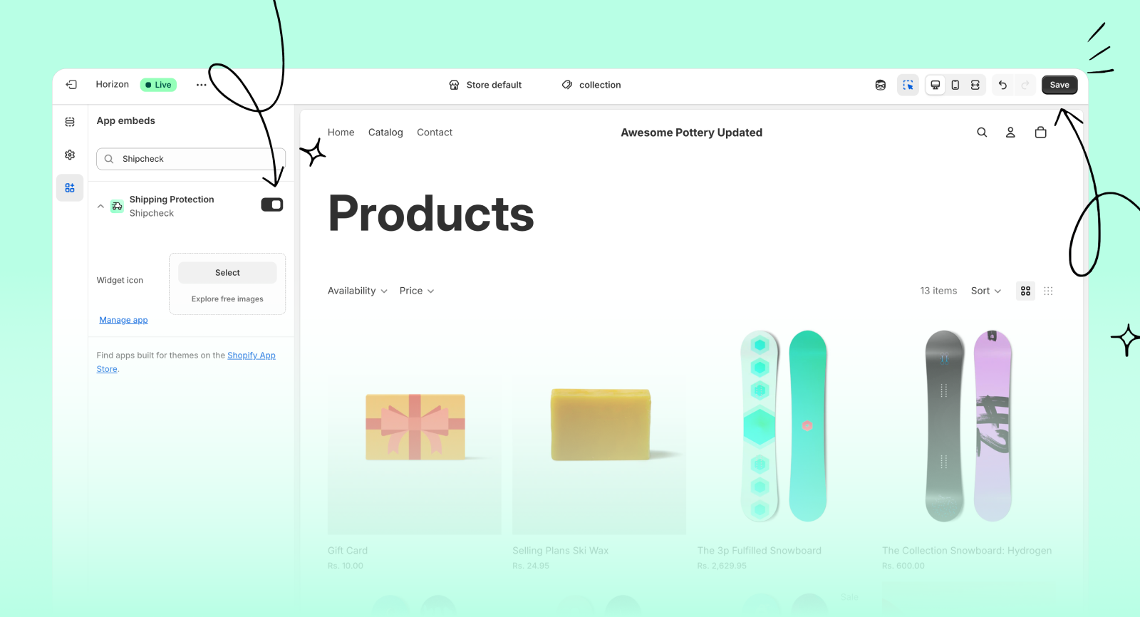 Click save to apply Shipcheck app embed changes