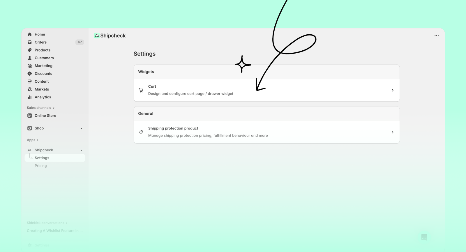 Navigate to cart settings to customize widget